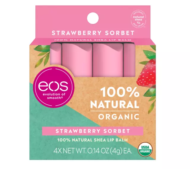EOS 100% Natural Organic Lip Balm Strawberry Sorbet Flavor 0.14 oz each 4 pack