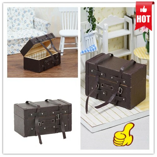 1:12 Doll house Miniature Vintage Leather Wood Suitcase Mini Luggage Box