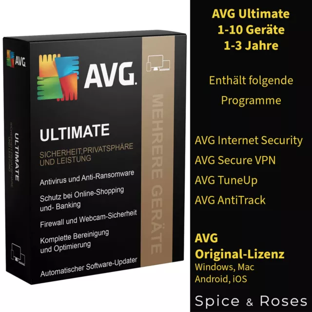 AVG Ultimate 2024 / 1, 10 PC Geräte 1 2 3 Jahre / TuneUp, Internet Security, VPN