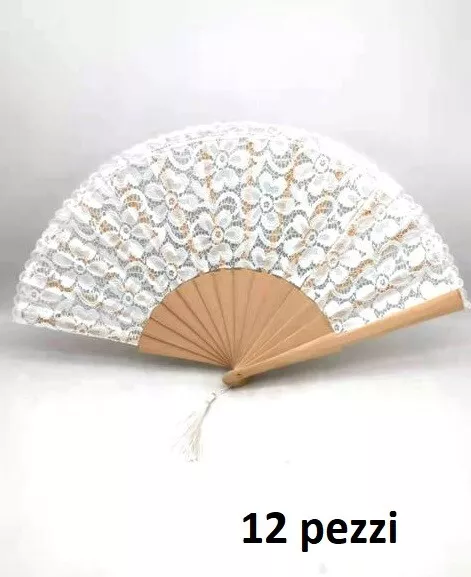 Set 12 Pezzi Ventaglio Legno Fiori Tessuto Bianco Matrimonio Caldo Estate sus