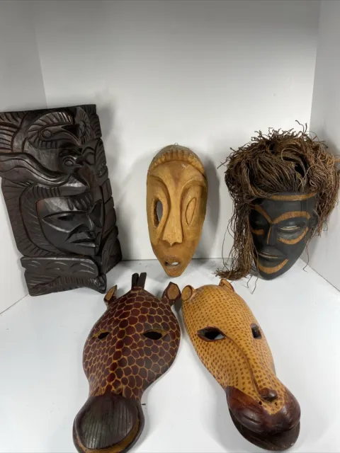 Hand Carved Wooden African Tribal Mask Lot 5 Vtg Warrior Cheetah Giraffe Haiti