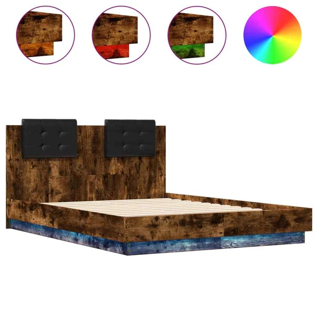 BED FRAME WITH Headboard and LED Lights Smoked Oak 135x190 cm Double