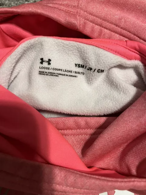 Under Armour Girls Fleece Hoodie Pocket Pink White Flip Word Print Youth Small 3