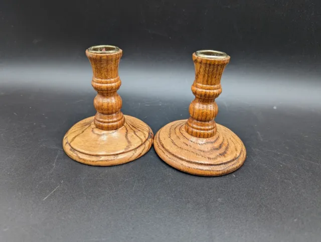 VTG MCM Solid Oak Candlestick Holders with Brass Inlay Made in Taiwan Green Felt