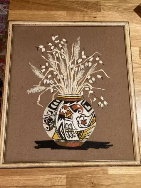 LARGE MID CENTURY crewel needle point native american framed art vase ...
