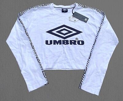BNWT White Umbro 100% Cotton Long Sleeved Cropped T-Shirt Top Taping (S) 10/12