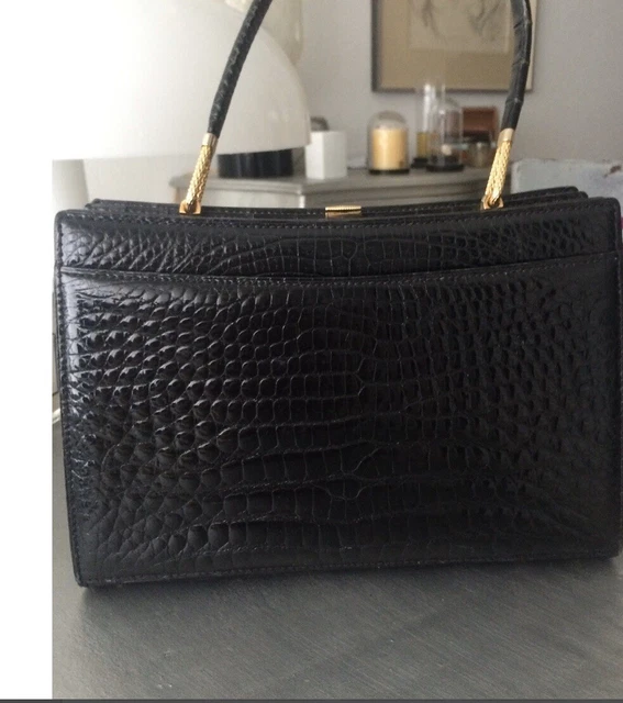 Sac à Main Femme Vintage En Cuir Crocodile - Noir - Fait Main En France - Taille Moyenne