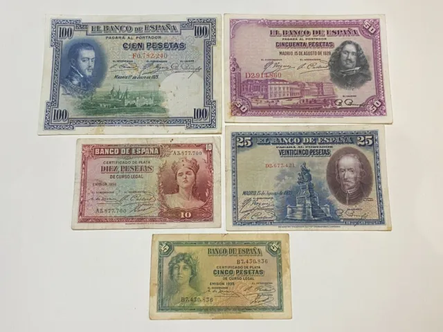 💥 LOT de 5 Billets ESPAGNE Spain, 5,25, 50, 100 Pesetas 1925 a 1935💥#7