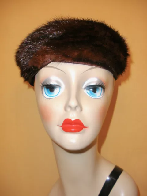 1960's Chestnut Brown Mink Pillbox Hat w/ Satin by Noreen Fashion