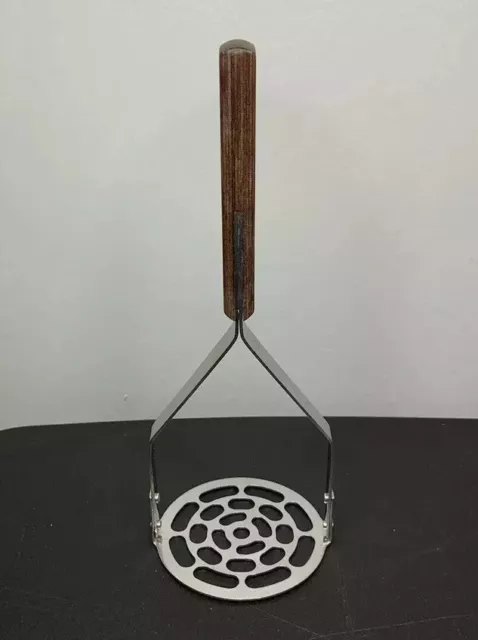 Vtg Household Stainless Steel Potato Masher Brown Handle 8.75” USA Utensil Tool