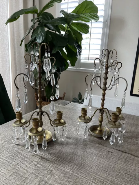 Pair Of French 19th Century Antique Girandoles Bronze /brass Crystal Candelabra