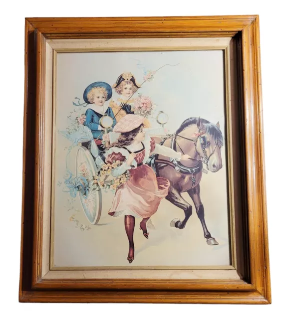 Large Vintage Victorian Children Winter Art Lithograph Print Deep Walnut Frame