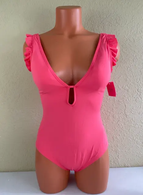 Kate Spade Womens Ruffle Plunge One Piece Swimsuit Coral Peony Size Medium