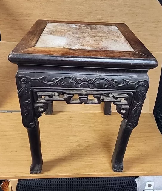 Antique Chinese Rosewood Carved Marble Top Side Table ball & claw feet