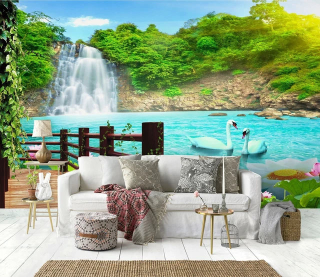3D WATERFALL LAKE Swan 31607NA Wallpaper Wall Murals Removable ...