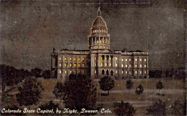 Denver Colorado État Capitol Par Night-Barkalow Bros Publ Carte Postale 1910s