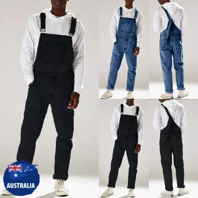 Mens Denim Pants Dungaree Overalls Bib And Brace Jumpsuits Casual Work Trousers