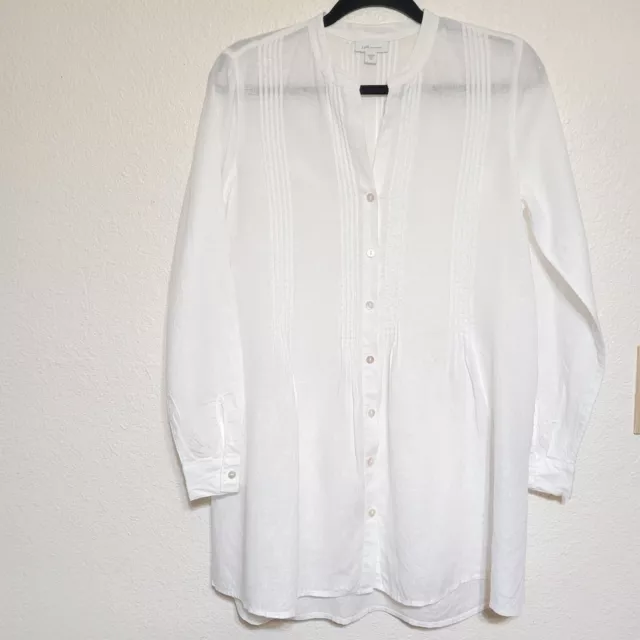J. Jill Small White Black Striped Tunic Top Button Front Roll Tab Sleeve  Shirt