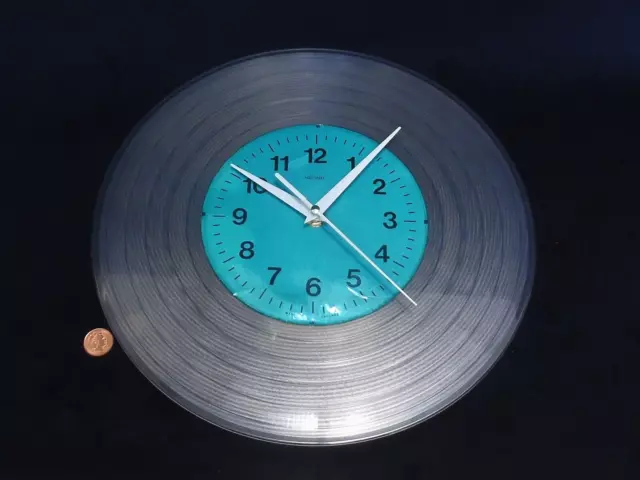 Vintage CLEAR ALBUM RECORD WALL CLOCK, 60s BLUE METAMEC FACE, New BATTERY QUARTZ