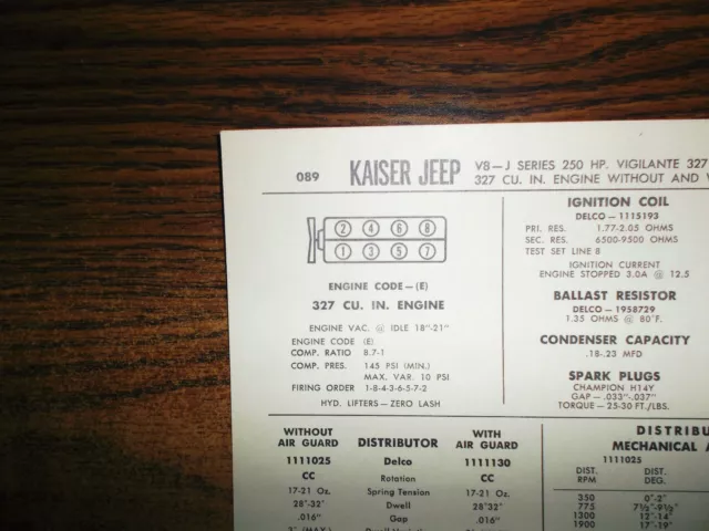 1967 Kaiser Jeep EIGHT Series J Models Vigilante 250 HP 327 CI V8 Tune Up Chart