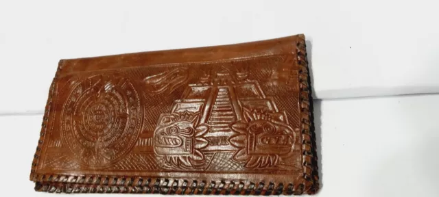 Men's Vintage Native American Mexico Leather Billfold Wallet W/ Zip Coin Pocket