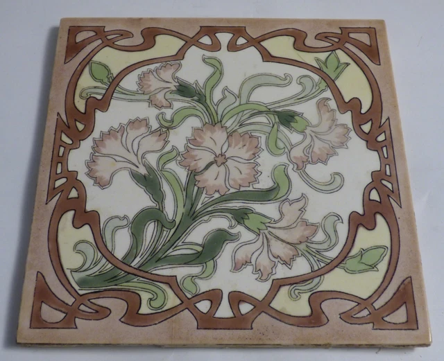 Beautiful Carnation flowers enameled Longwy Art Nouveau Tile Jugendstil Fliese
