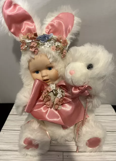 Porcelain Baby Face Doll wearing  Bunny Rabbit  suit w/ Her Lamb  Toy  17”  VHTF