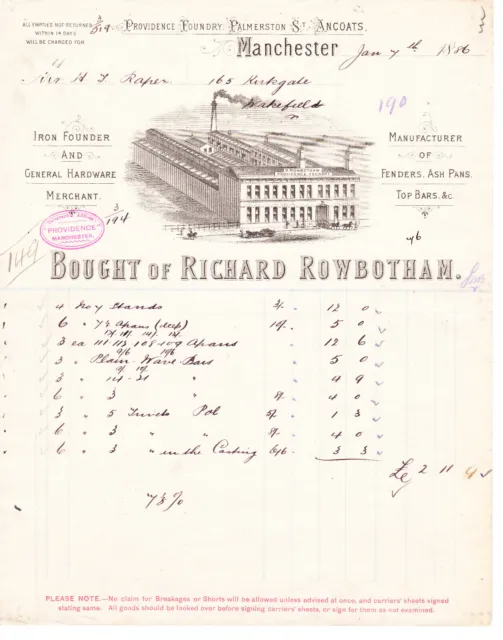 1886 Richard Rowbotham Manchester Iron Founder Hardware Billhead Invoice Receipt