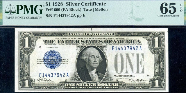 HGR SUNDAY 1928 $1 Silver Certificate ((FUNNY BACK)) PMG GEM UNC 65EPQ