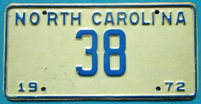 NORTH CAROLINA License Plate 1972 - 2-Digit Low Number 38