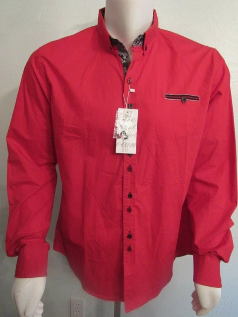 COOFANDY Mens Fashion Slim Fit Dress Casual Shirt Red w Paisley Black Trim L NWT