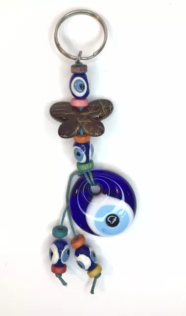 Turkish Blue Protective Evil Eye Art Glass & Mixed Materials Keychain Key Ring
