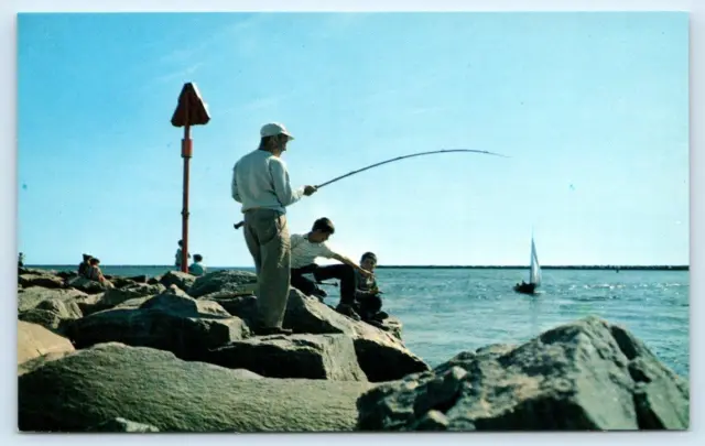 GALILEE,RI Rhode Island~ FISHING off the ROCKS c1960s Washington County Postcard