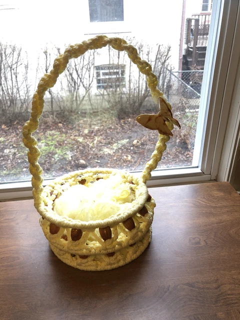Vintage Macrame Large Easter Basket Yellow With Wood Beads & Ceramic Butterfly