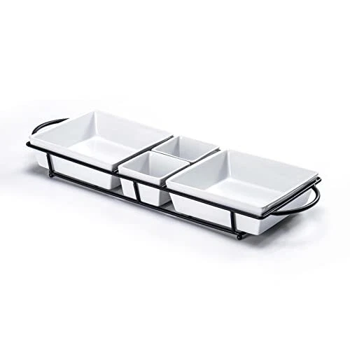Large Porcelain Serving Bowl, Dish Set with Metal Rack - Square White Dishes