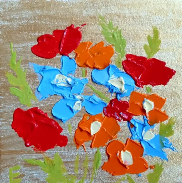 Obra de arte original Flores Pintura al óleo Abstracción Impasto 4 por 4 "