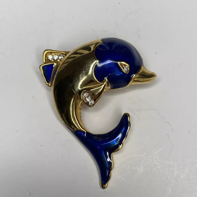 Vintage Gold Tone Dolphin Brooch Clear Rhinestone Enamel Pin Costume Jewelry