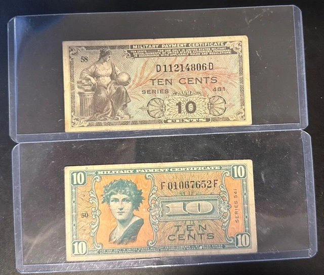 LOT OF 2, MPC Military Payment Certificate Series 541 & 481, 10 Cents NOTE
