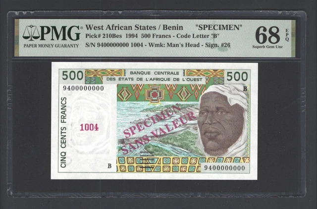 West African State /Benin 500 Francs 1994 P210BeS Specimen UNC Graded 68 Top Pop