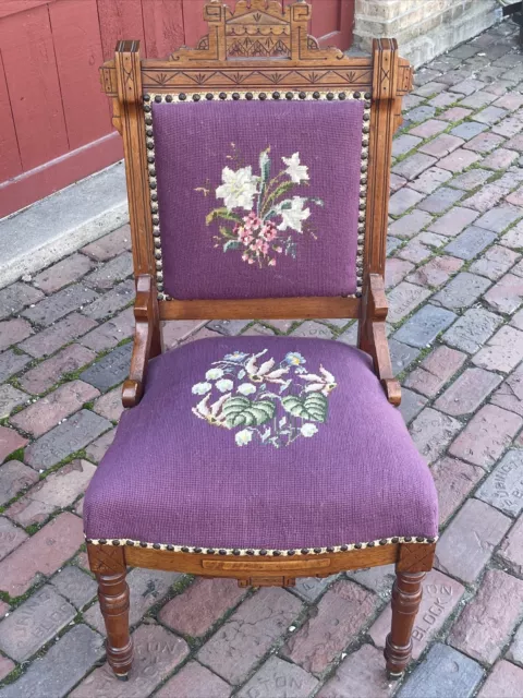 Antique Victorian EASTLAKE Walnut & Needlepoint Carved Fire Place Side Chair