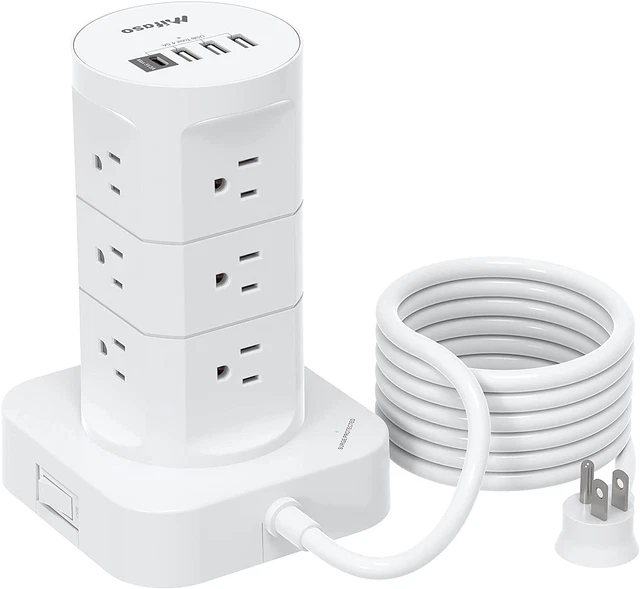 Torre protectora contra sobretensiones - 12 tomas de corriente anchas con 4 puertos USB (1 USB C)