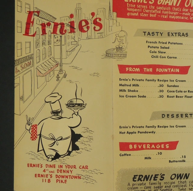 ERNIE'S SODA FOUNTAIN Shop Hamburger Drivein Menu 50's Seattle WA Ice