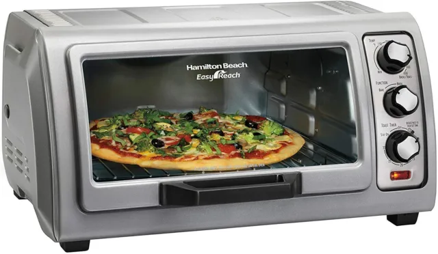6-Slice Countertop Toaster Oven with Easy Reach Roll-Top Door, Bake Pan Silver