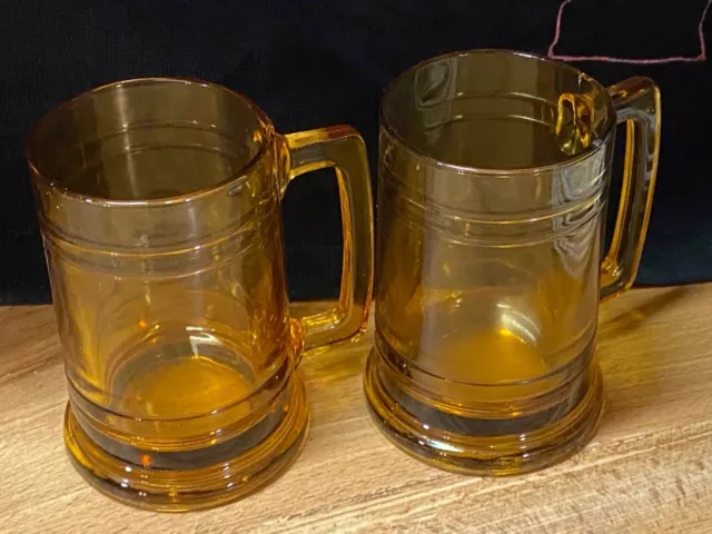 2 Gold Amber Libbey Mid Century Modern Beer Mugs Glasses 5 1/4"