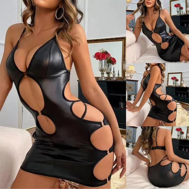 Stilvolle Damen PU Leder hohl aus Nachtwäsche Kleid sexy Dessous Body