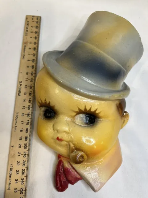 Cute Kitch Chalkware Wallhanging Boy Man Pipe Bowtie and Hat Vintage