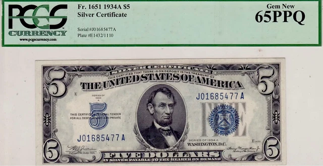 UNITED STATES 1934A $5 Silver Certificate. FR Number: 1651. PCGS Graded: 65 PPQ