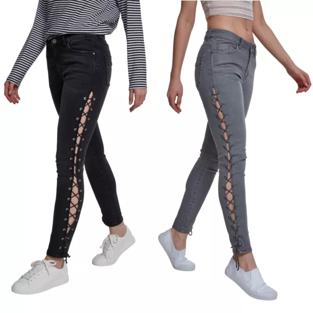 Urban Classics Ladies Denim Lacci Fino Skinny Pantaloni Slim Fit Jeans Stretch