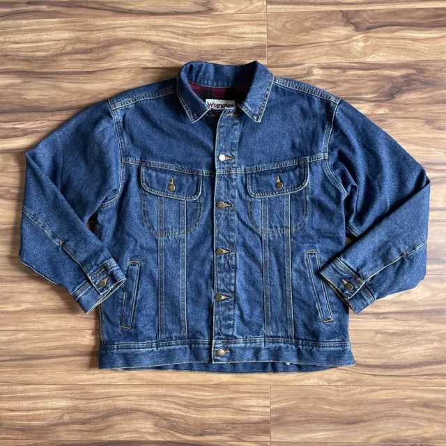Wrangler Mens Jean Jacket Large Blue Buffalo Plaid Flannel Lined Denim Trucker