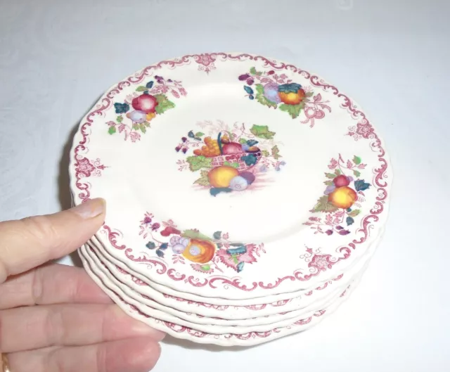 Vintage Masons Ironstone Pottery Small Tea/Side Plates ~ Fruit Basket in Pink x6